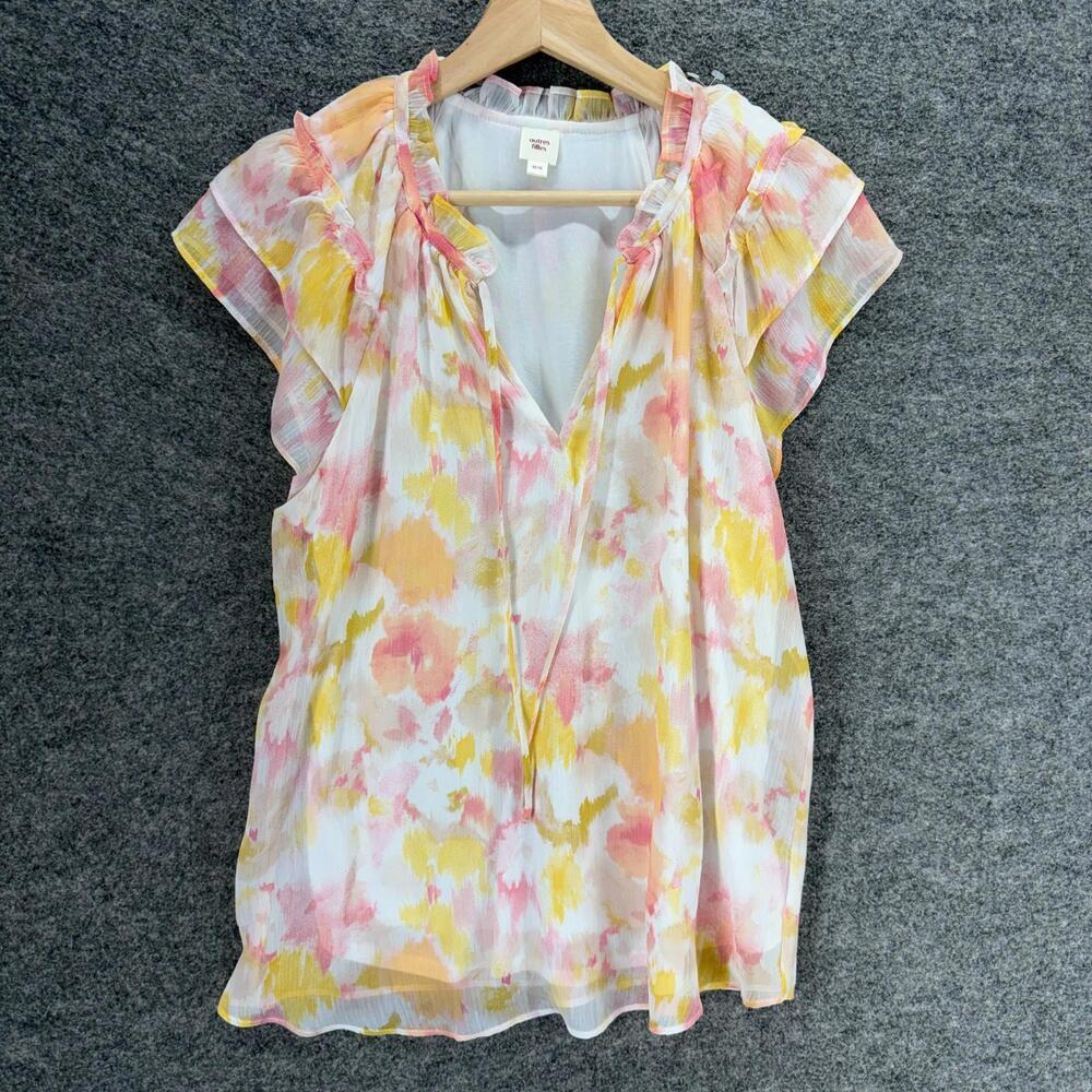 Autres Filles Blouse Women M Medium White Colorblock V-Neck Tasseled Lined